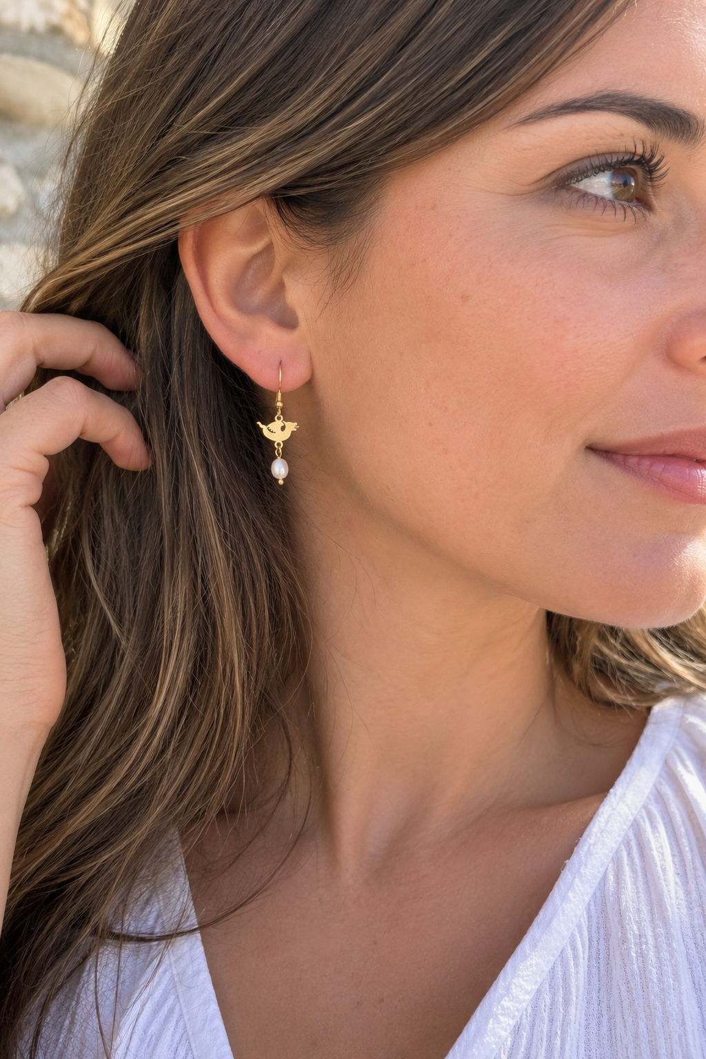 Dragon & Pearl Gold earring worn by model